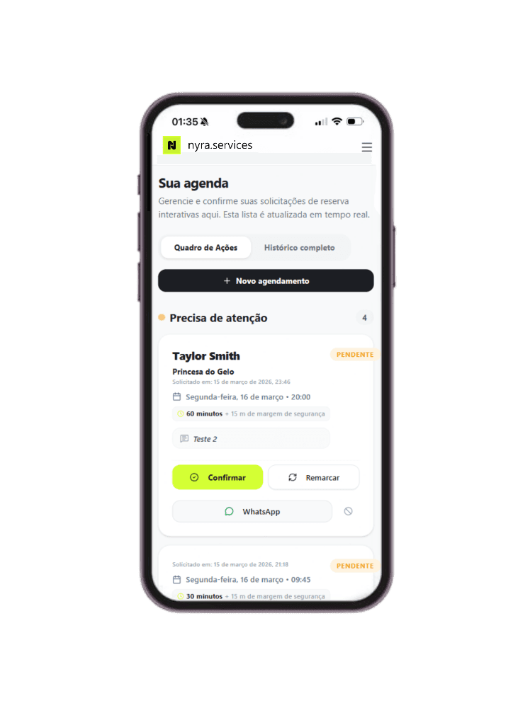 Painel de agendamentos do Nyra Services